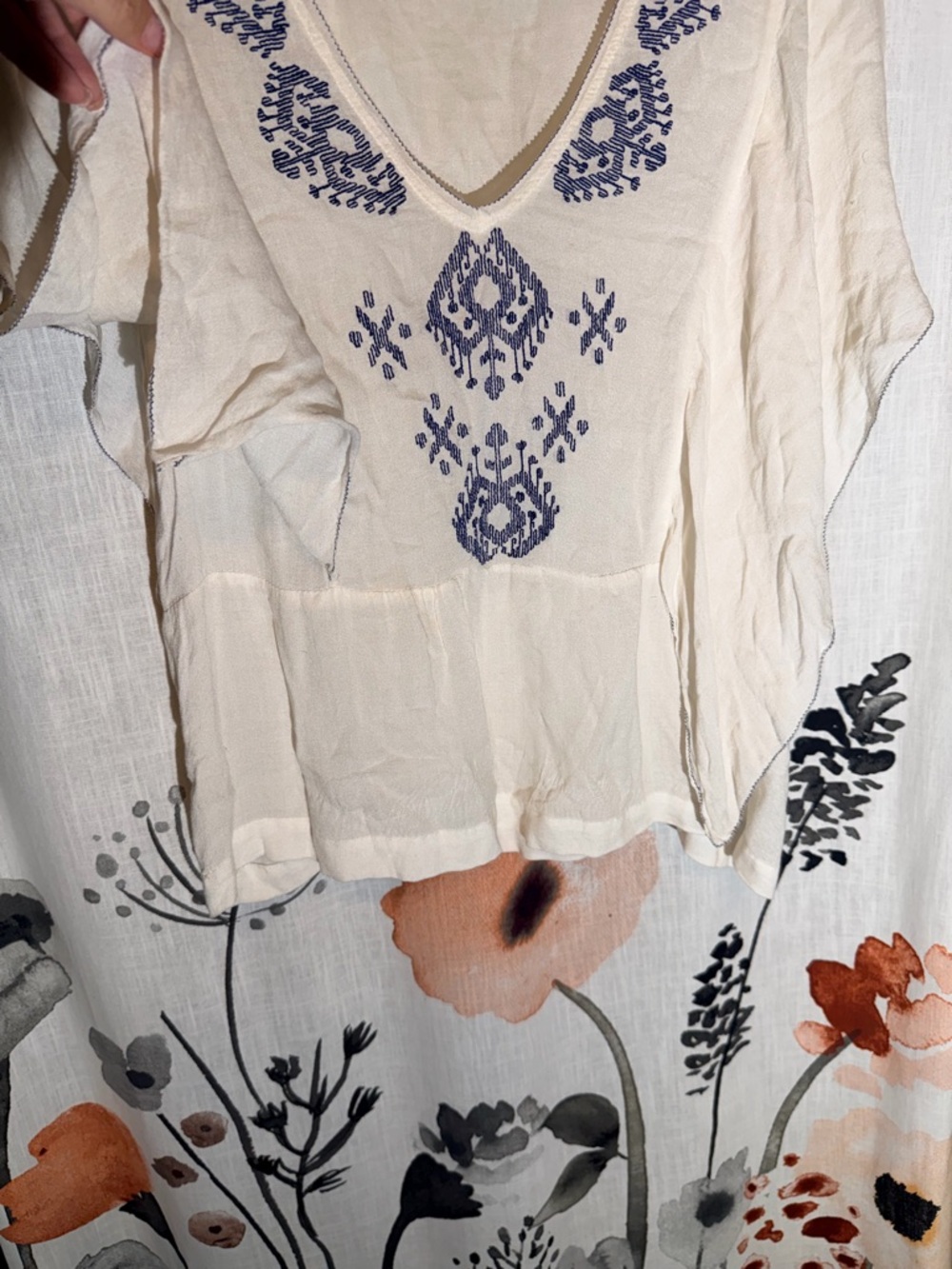 Ecote by Urban Outfitters Cream V-Neck Embroidered Boho Tunic with Navy Detail - Picture 4 of 10
